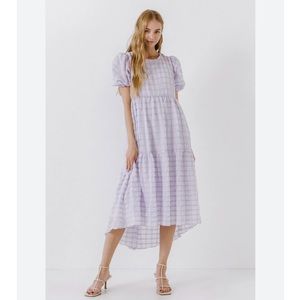 English Factory Lavender Plaid Tiered Dress with Bow Detail, size Medium